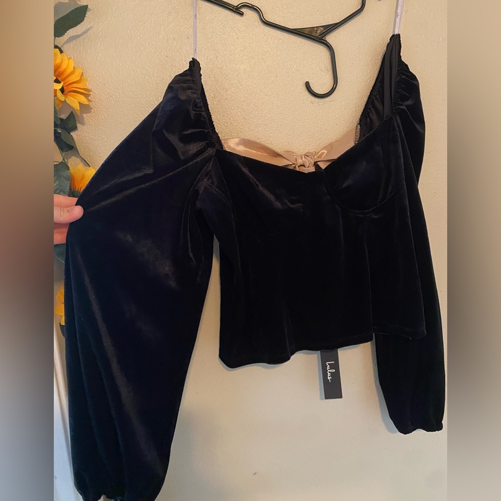Lulus Black Velvet Off-Shoulder Top with Puff Sleeves and Bow Detail